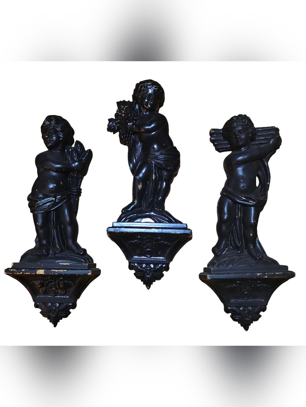 Syroco Set of 3 Black Cherub/Angel Wall Mounted Figurines Mid-Century Modern 11"
